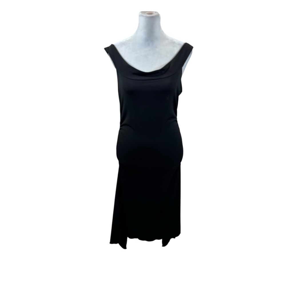 Ladies Black Scoop Cowl Neck Asymmetrical Hem Ruched Side Dress Size Small